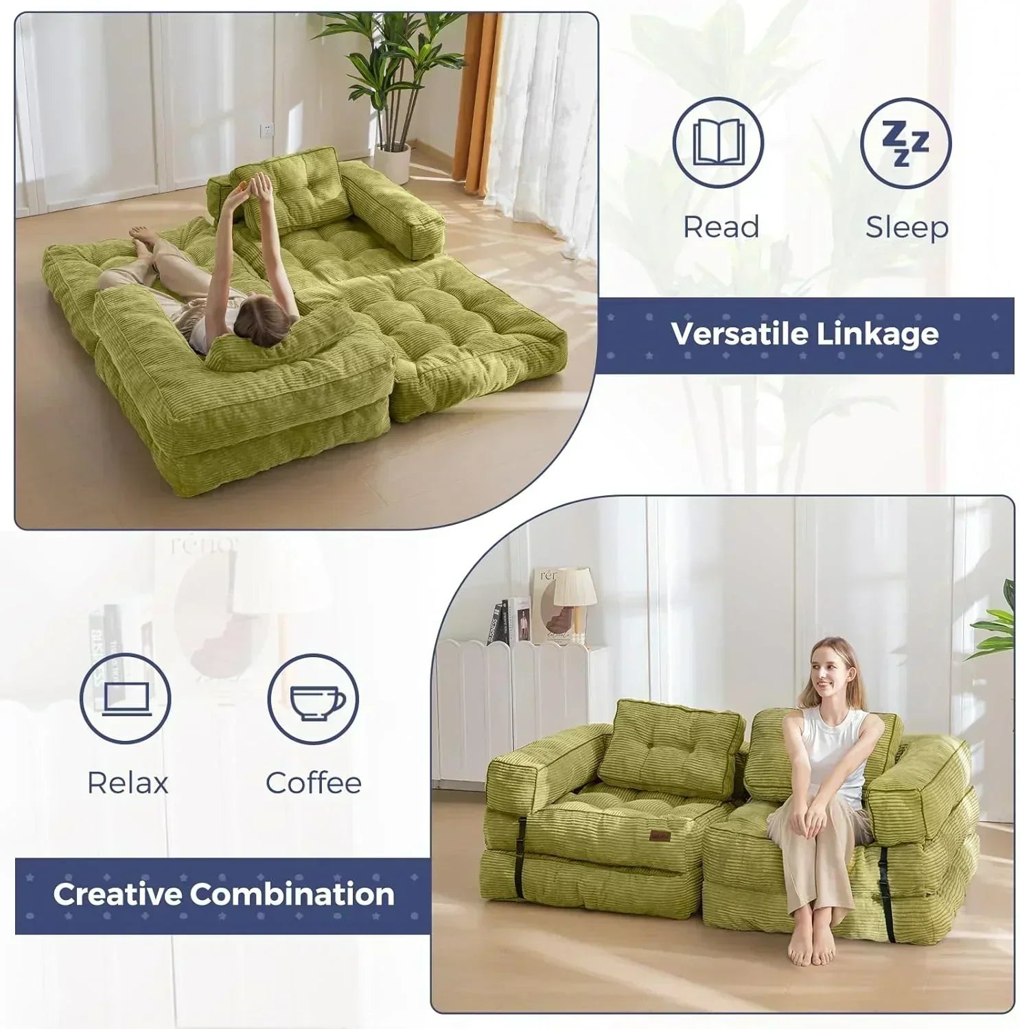 Folding Sofa Bed L-Shaped Convertible Sofa Bed with Armrests and Pillows wourant