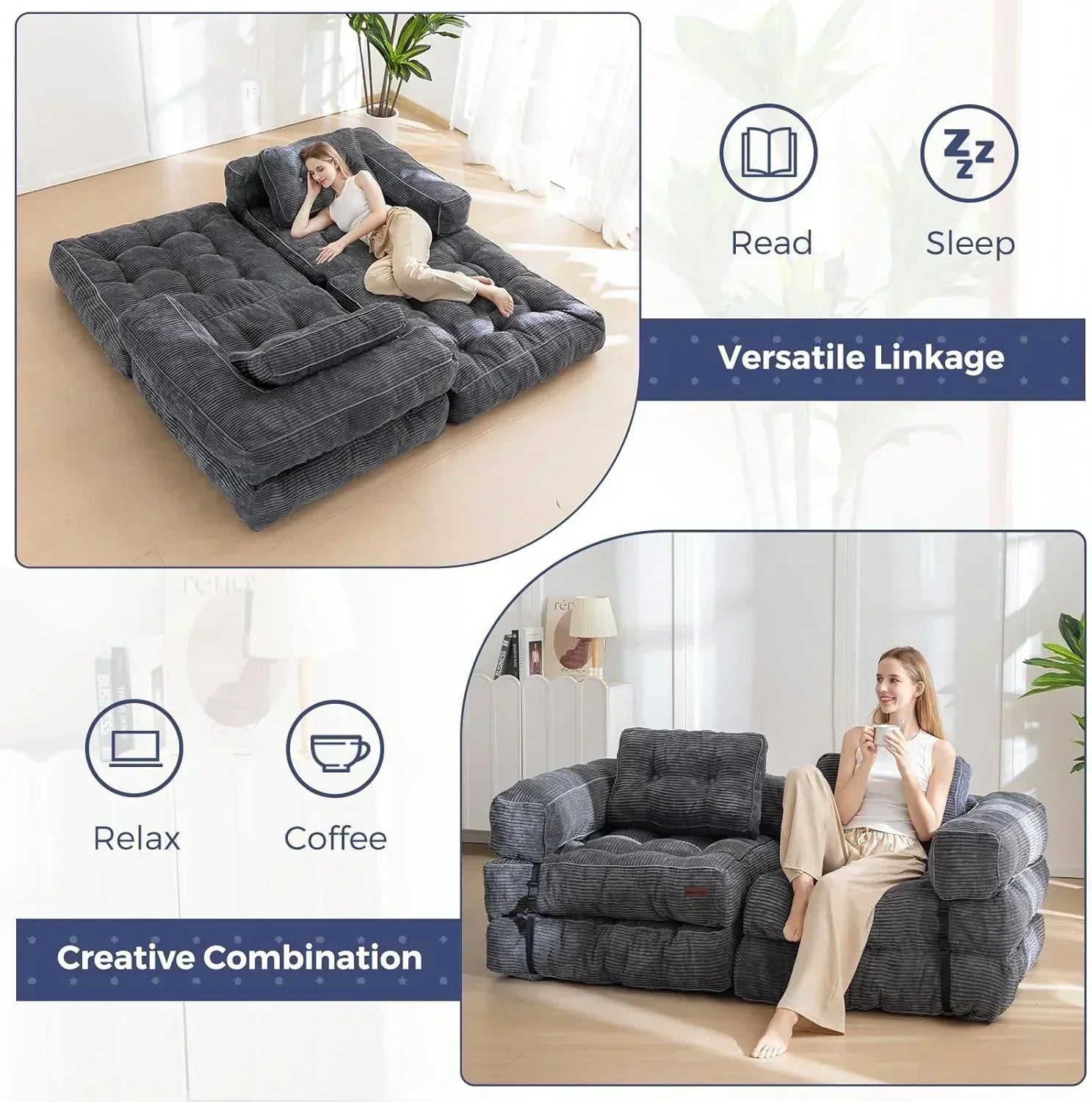 Folding Sofa Bed L-Shaped Convertible Sofa Bed with Armrests and Pillows wourant