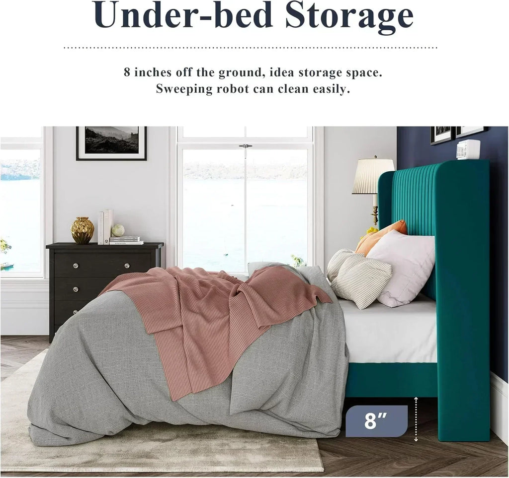 Allewie Full Size Velvet Bed Frame Vertical Channel Tufted Wingback Headboard Upholstered Bed wourant