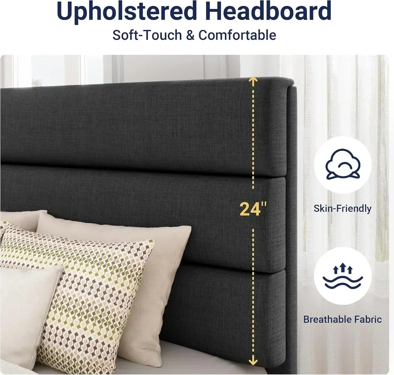 Allewie King size platform bed frame with velvet upholstered headboard and planks wourant