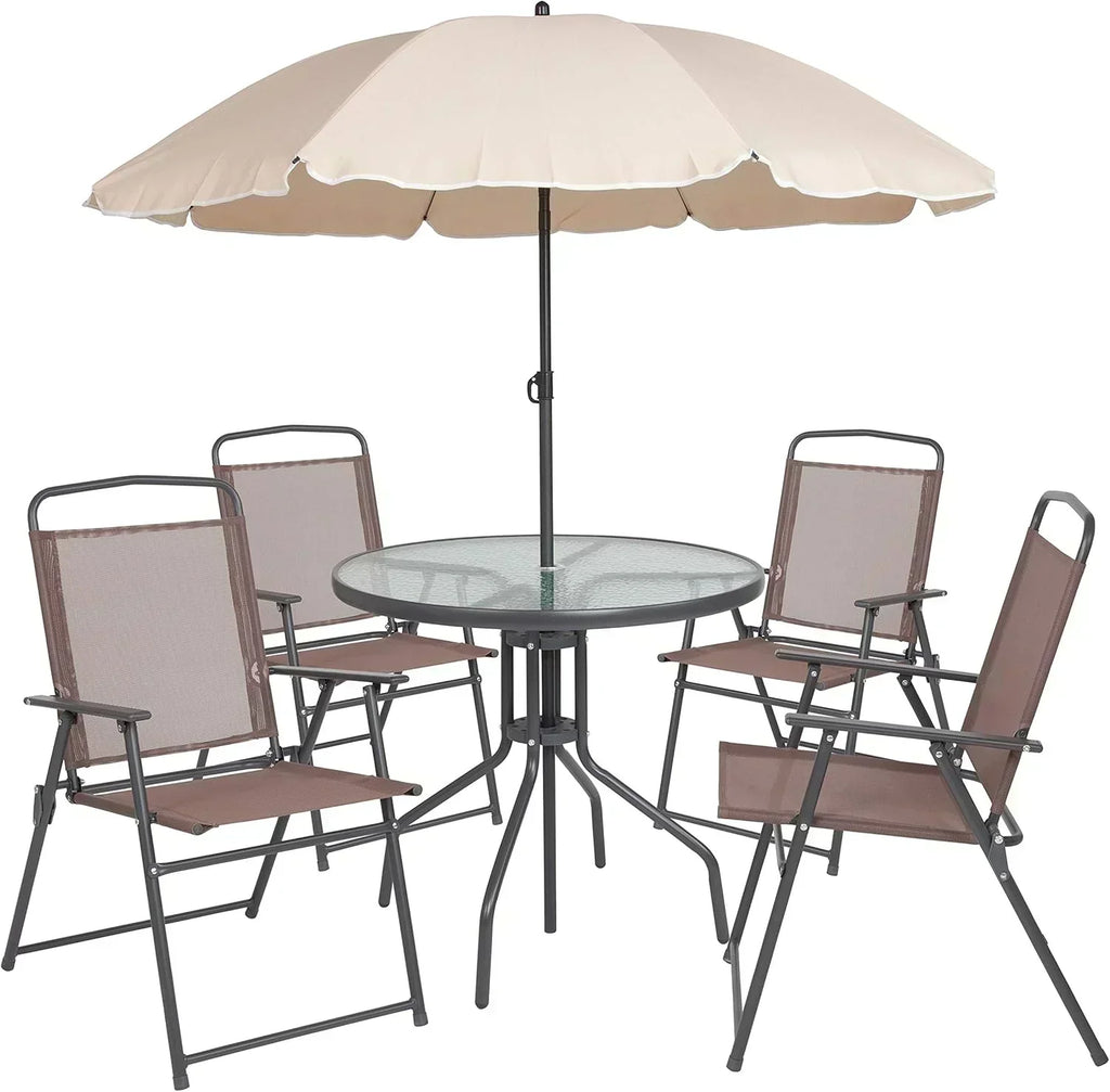 EMMA + OLIVER 6 Piece Brown Patio Garden Set with Umbrella Table Set of 4 Folding Chairs wourant