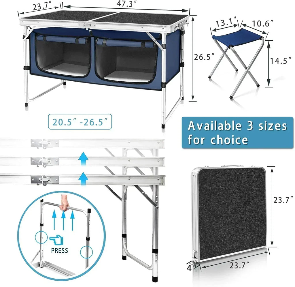 Outdoor Folding Table Aluminum Lightweight Height Adjustable with Storage Organizer wourant