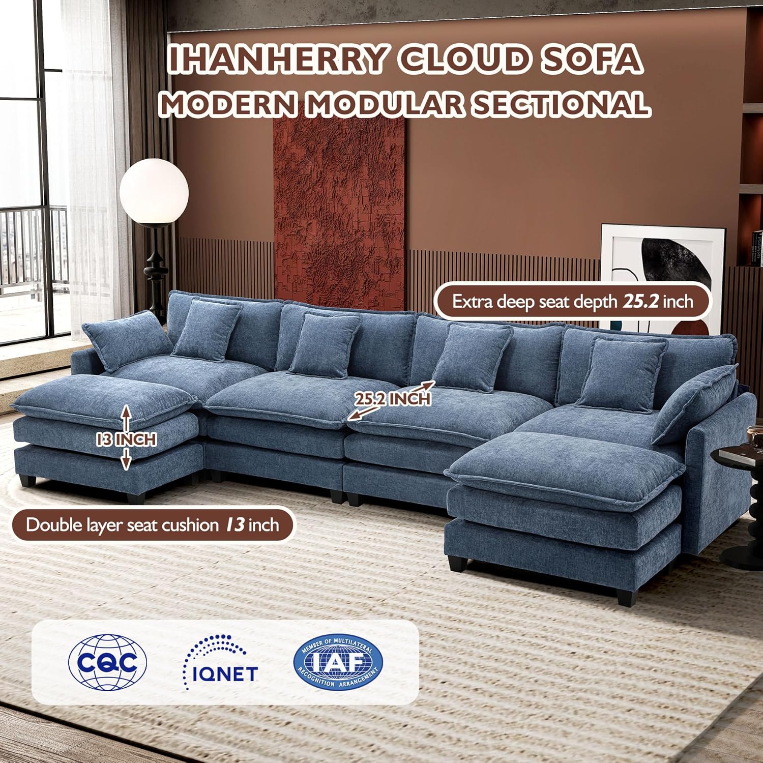 111.4 Inch L Shaped Modern Sofa Modular Cloud Sofa with Ottoman 4 Seater Chenille Deep Seat Sofa wourant