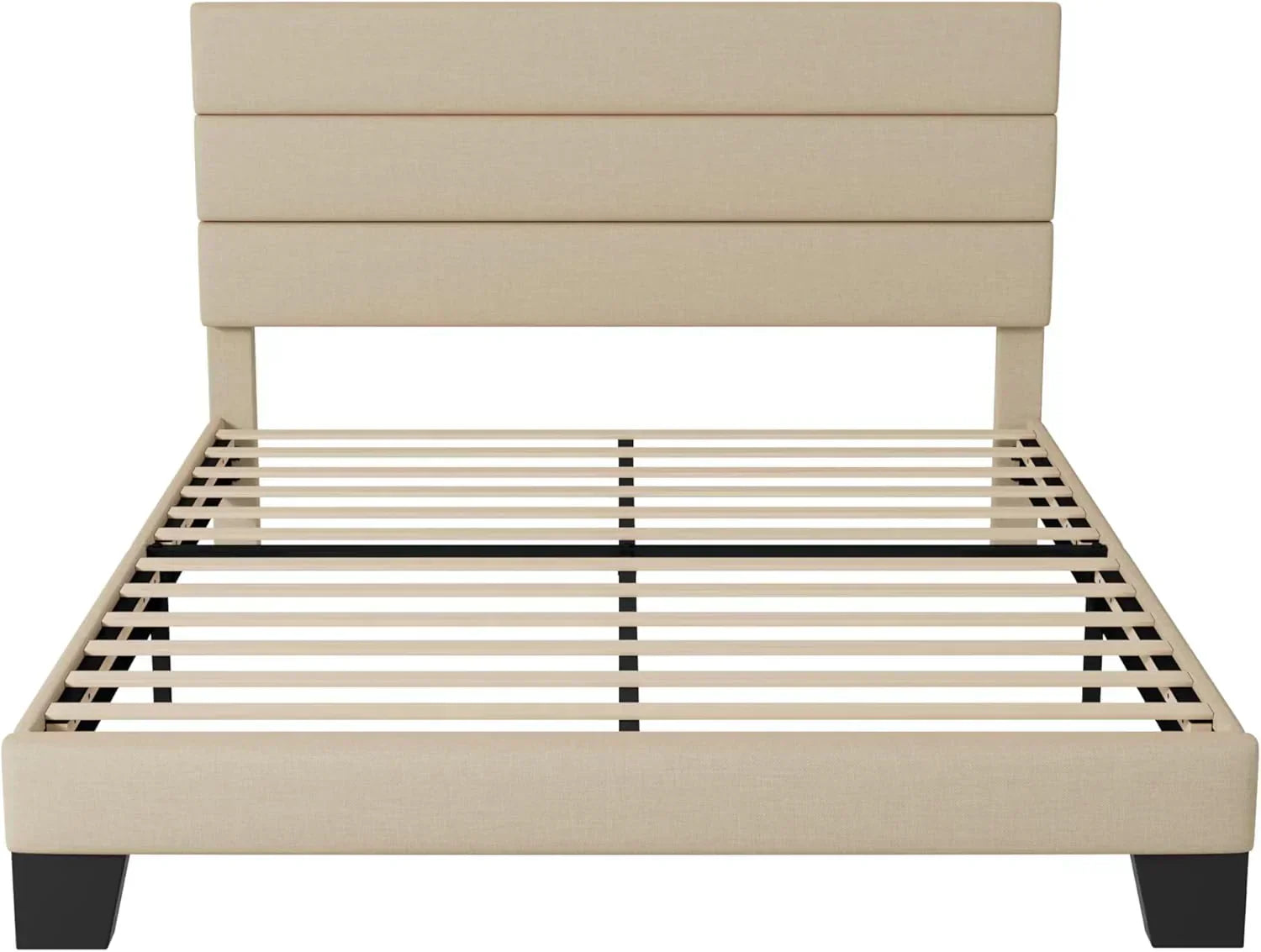 Allewie King size platform bed frame with velvet upholstered headboard and planks wourant