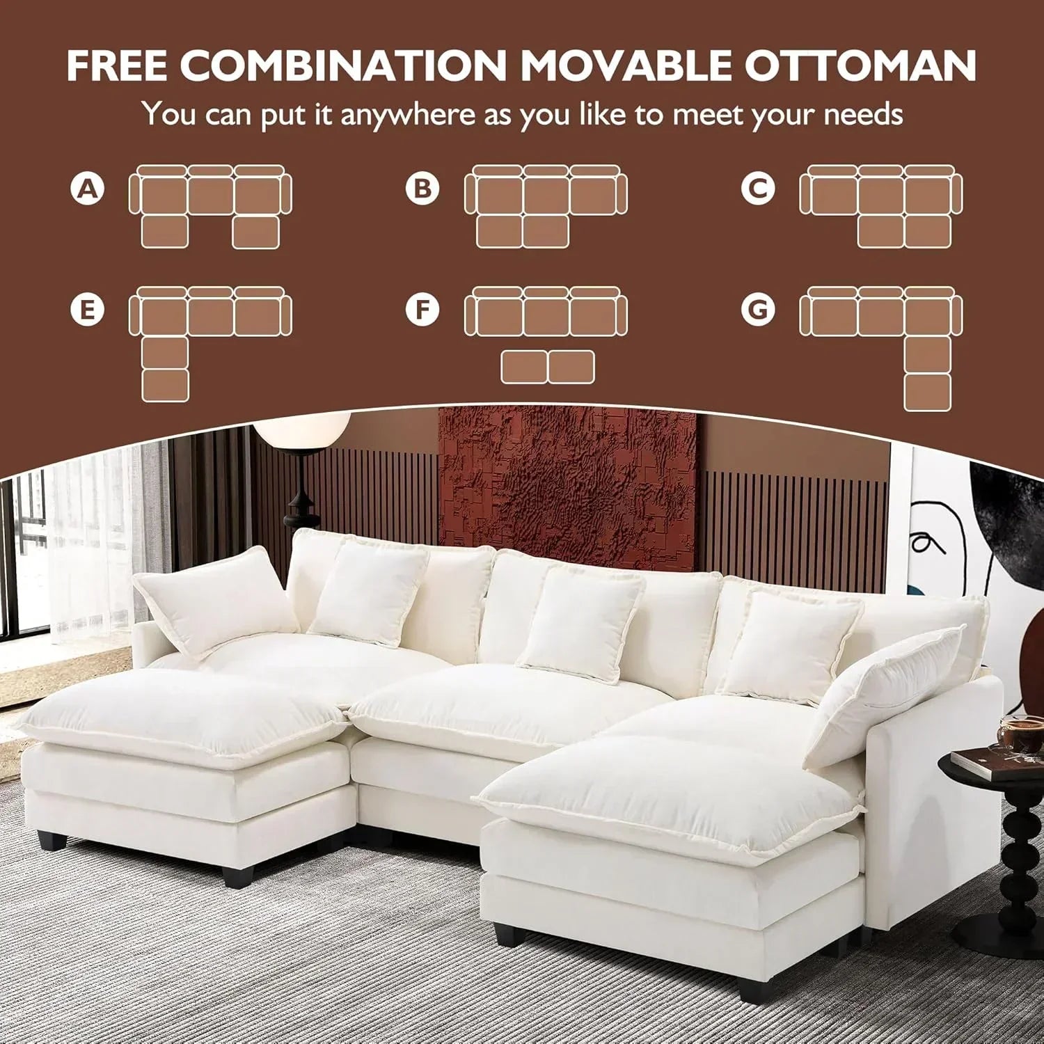 111.4 Inch L Shaped Modern Sofa Modular Cloud Sofa with Ottoman 4 Seater Chenille Deep Seat Sofa wourant
