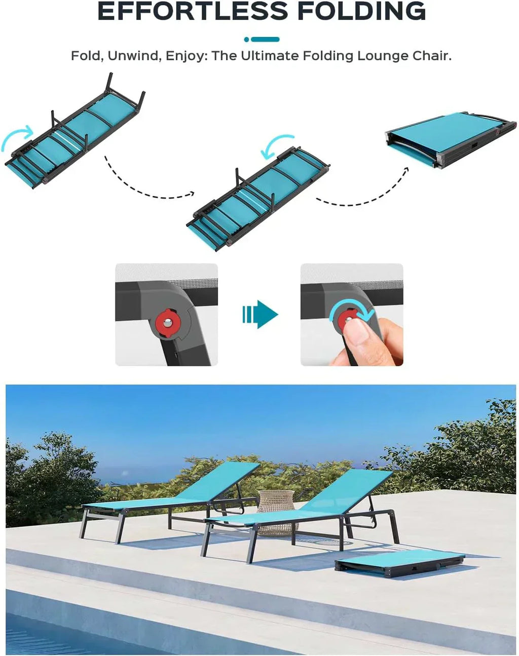 Aluminum Chaise Lounge Outdoor Foldable Assemble Free Outdoor Lounge Chair 5 Adjustable Backrest wourant