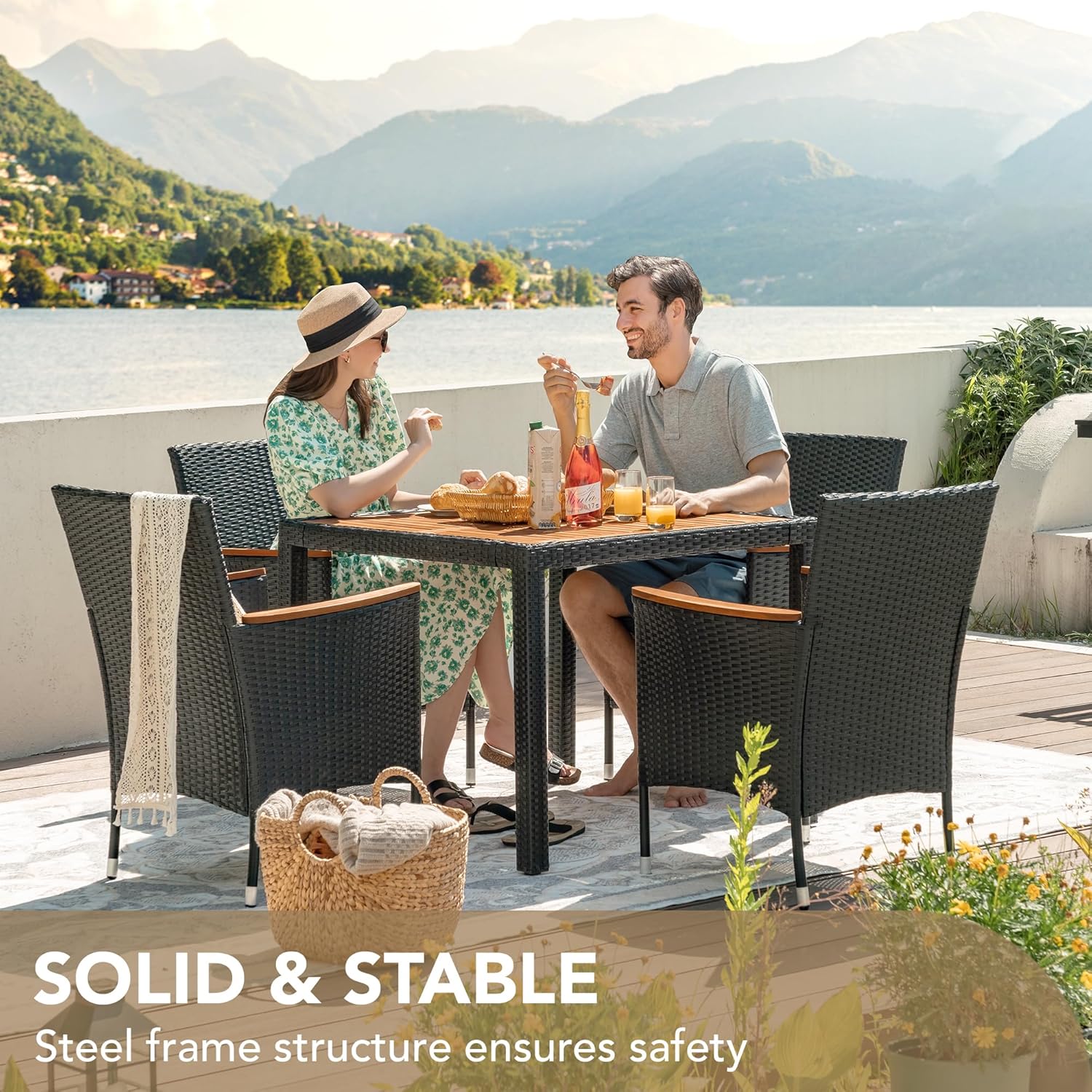 Devoko Dining 7 PCS Furniture Patio Conversation Set with Acacia Wood Table Top Rattan Outdoor wourant