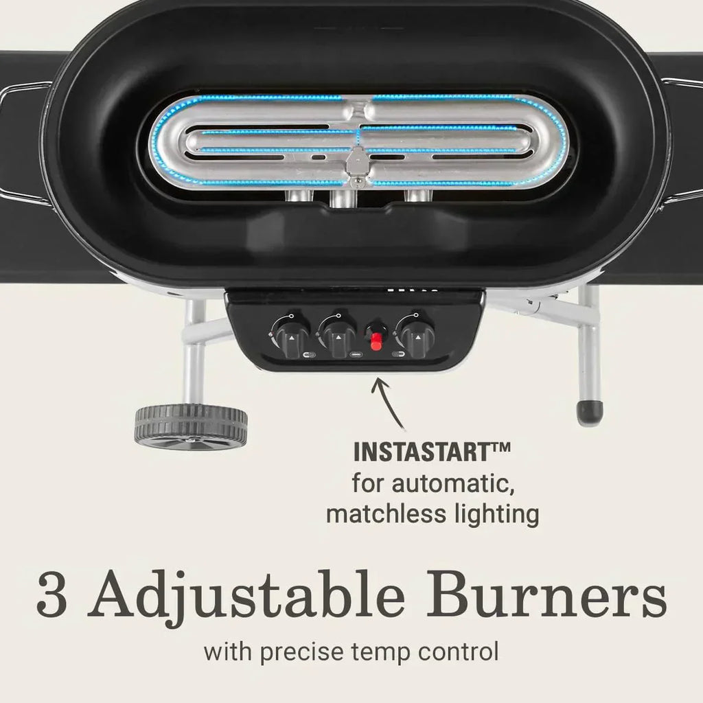 RoadTrip 285 Portable Stand-Up Propane Grill with 3 Adjustable Burners Instastart Ignition 20,000 BTUs wourant