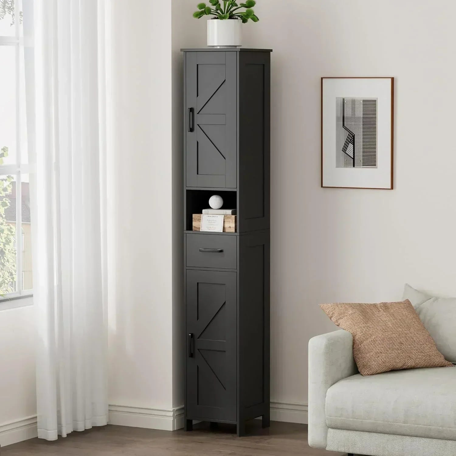 Homhedy 67" H Tall Bathroom Storage Cabinet with 2 Barn Doors and 1 Drawer Narrow Storage Unit wourant