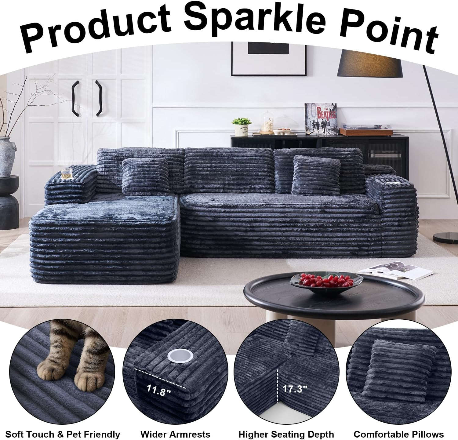 Cloud Sectional Couch with L Shape Chaise Modern Modular Sofa with Deep Seat Built in Cup Holder wourant