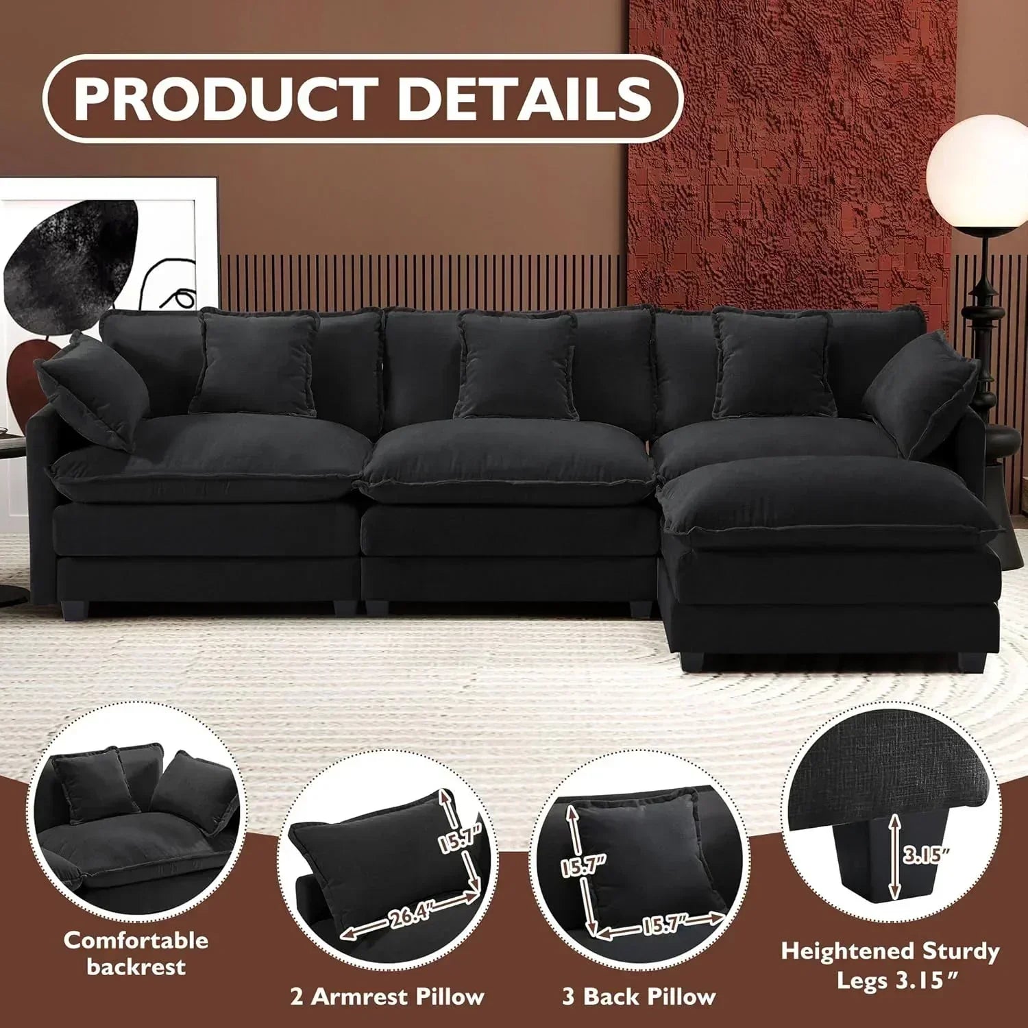 111.4 Inch L Shaped Modern Sofa Modular Cloud Sofa with Ottoman 4 Seater Chenille Deep Seat Sofa wourant