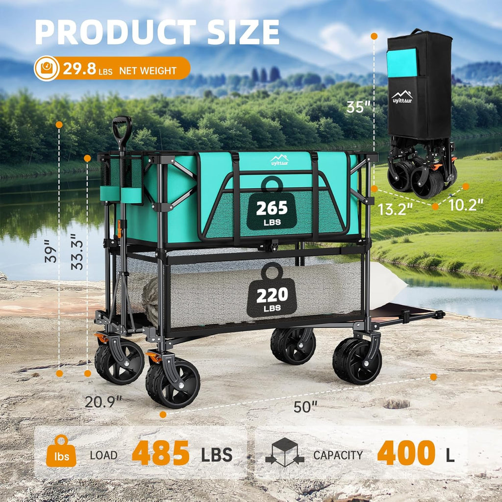 Foldable 50''L Extra Long Double Decker Wagon for Sport 400L Collapsible Heavy Duty Wagon Cart wourant
