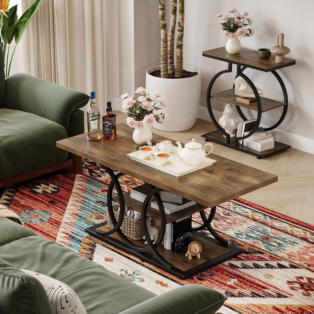 GiftGo Rustic Style Coffee Table Storage Industrial Style Three Tier Centerpiece Living Room Table wourant