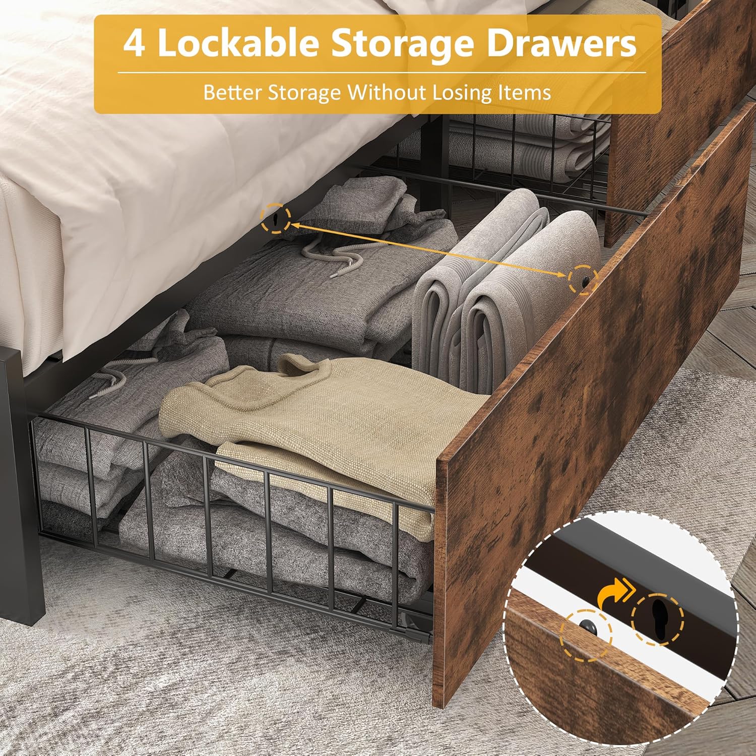 Lifezone Queen Bed Frame 2-Tier Storage Headboard Metal Platform Bed Frame 4 Storage Drawers wourant