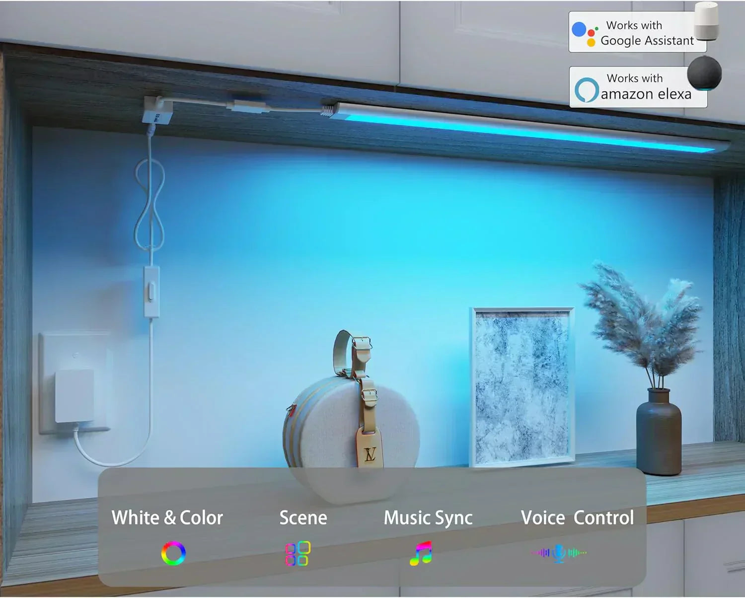 Smart under-cabinet lighting strip white and color-changing dimmable wourant