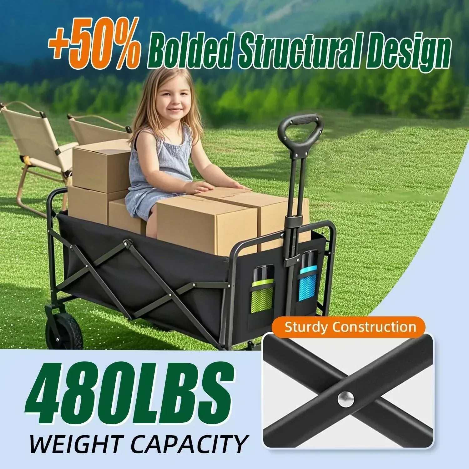 Foldable 4-wheel cart foldable 37 inches long 480 lb capacity heavy-duty beach cart wourant