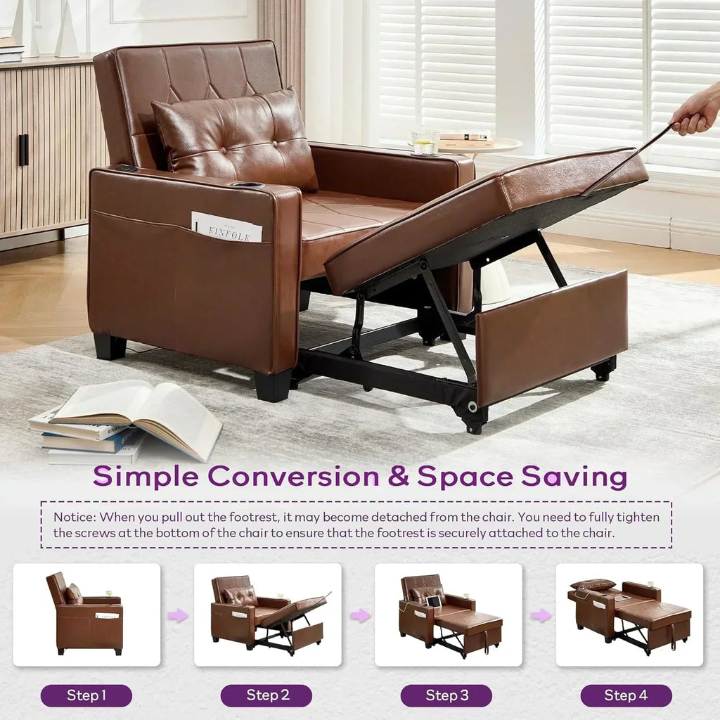Adult Convertible Sleeper Chair Bed 3-in-1 Pull-Out Sofa Bed with USB/Type-C Ports Cup Holders wourant