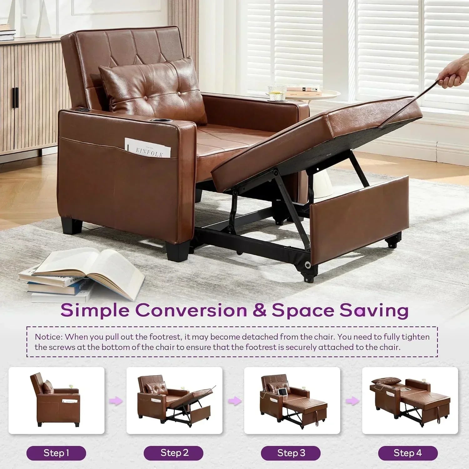 Adult Convertible Sleeper Chair Bed 3-in-1 Pull-Out Sofa Bed with USB/Type-C Ports Cup Holders wourant