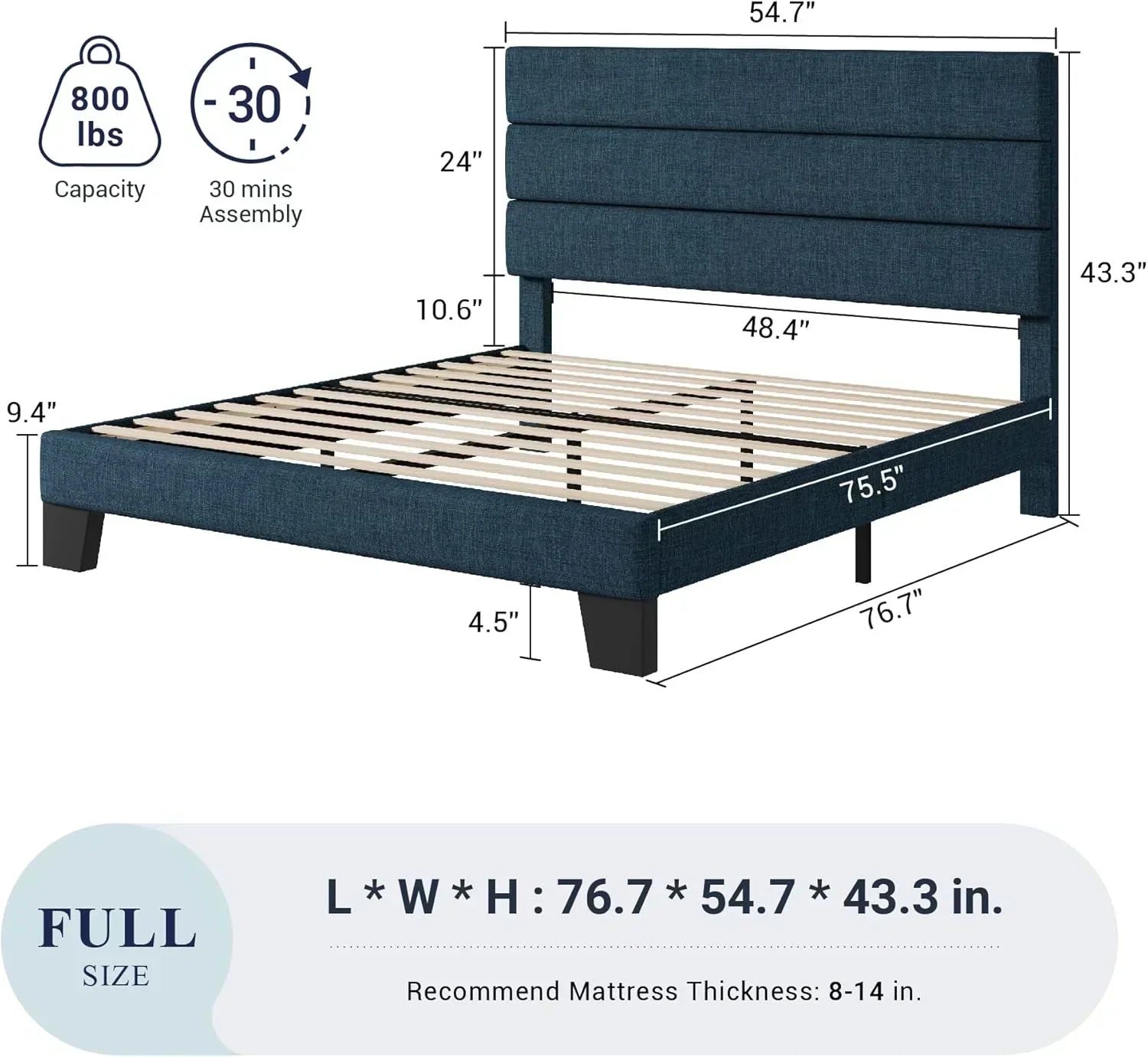 Allewie King size platform bed frame with velvet upholstered headboard and planks wourant