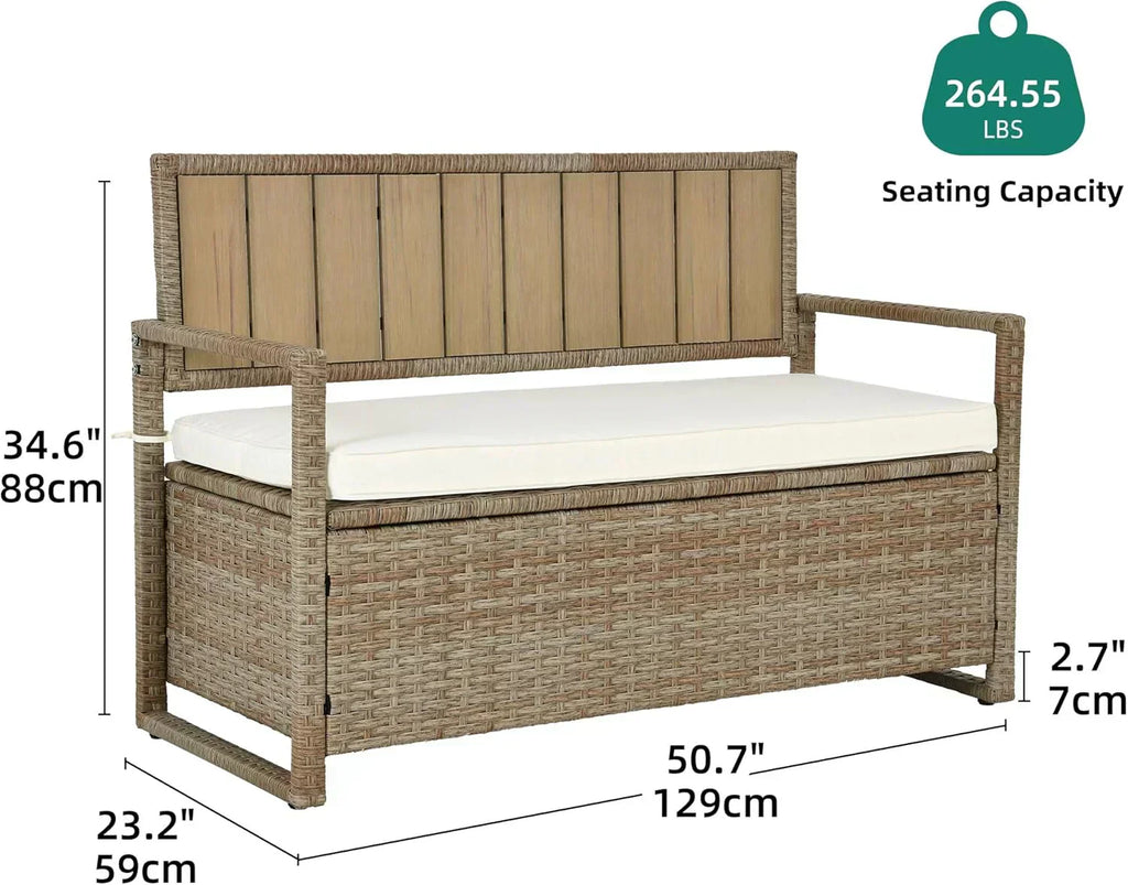 DWVO 70Gal Outdoor Storage Bench with Cushion Composite Wood Backrest Wicker Deck Bench wourant