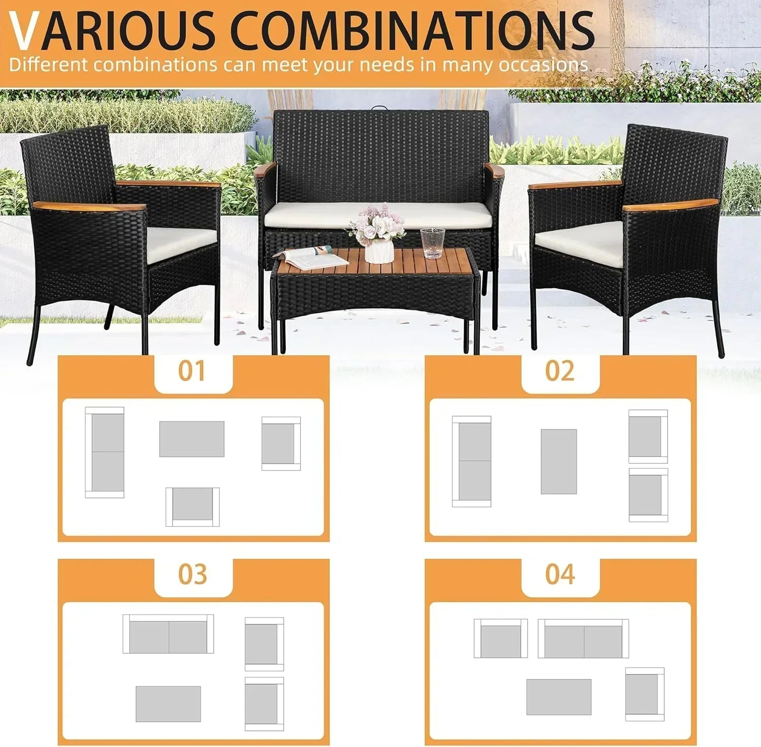 Shintenchi 4-Piece Patio Furniture Set Outdoor Wicker Patio Conversation Furniture Set with Cushions wourant