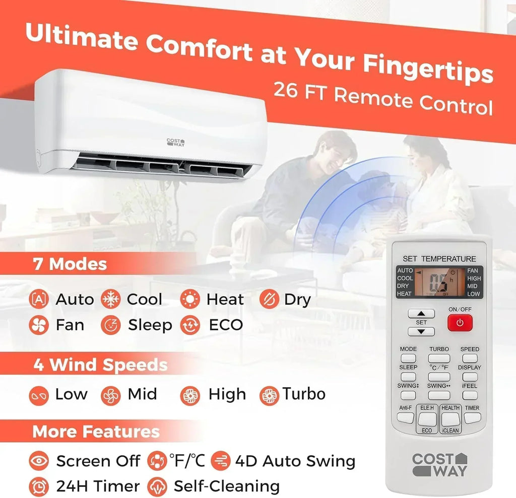 COSTWAY 12000BTU Mini Split Air Conditioner Heater 20 SEER2 115V Wall-Mounted Ductless wourant