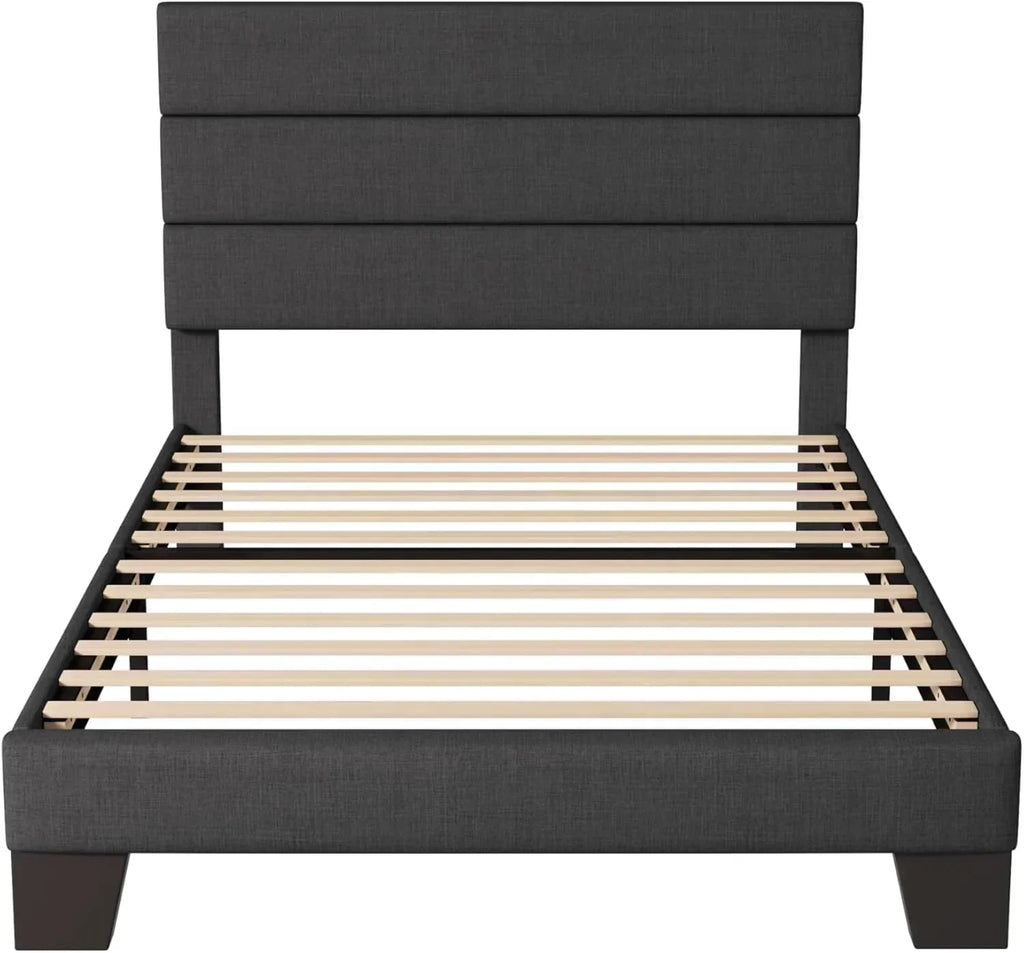 Allewie King size platform bed frame with velvet upholstered headboard and planks wourant