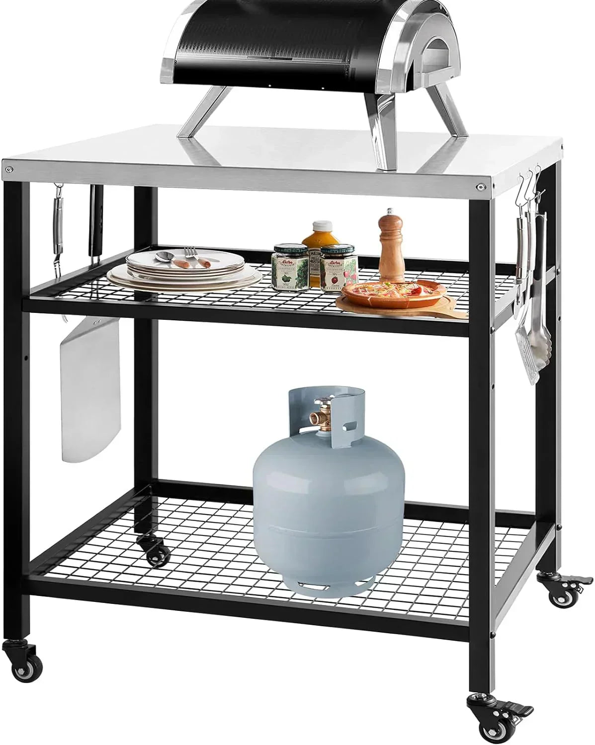 Stainless Steel Outdoor Grill Cart Pizza Oven Stand Trolley Table with Wheels Three-Shelf wourant