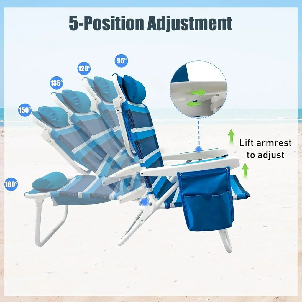 Beach Chair 2 Pack 5 Positions Textilene Folding Reclining Beach Chair with Straps Cooler Bag wourant