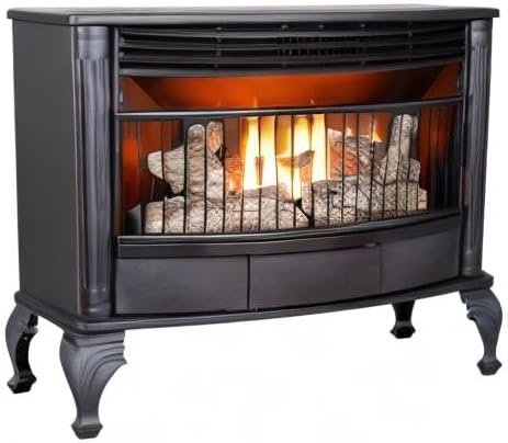 Vent-free 25,000 BTU space-saving freestanding dual-fuel fireplace with built-in thermostat control wourant
