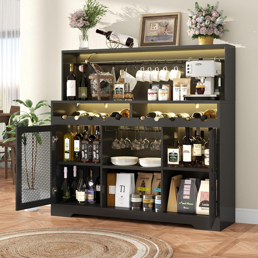 Wine Bar Cabinet with LED Light Liquor Cabinet with Glass Holder Coffee Bar for Liquor wourant