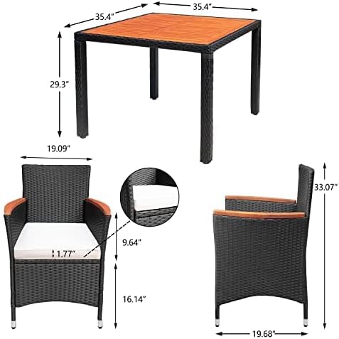 Devoko Dining 7 PCS Furniture, Patio Conversation Set with Acacia Wood Table Top, Rattan Outdoor, Black wourant