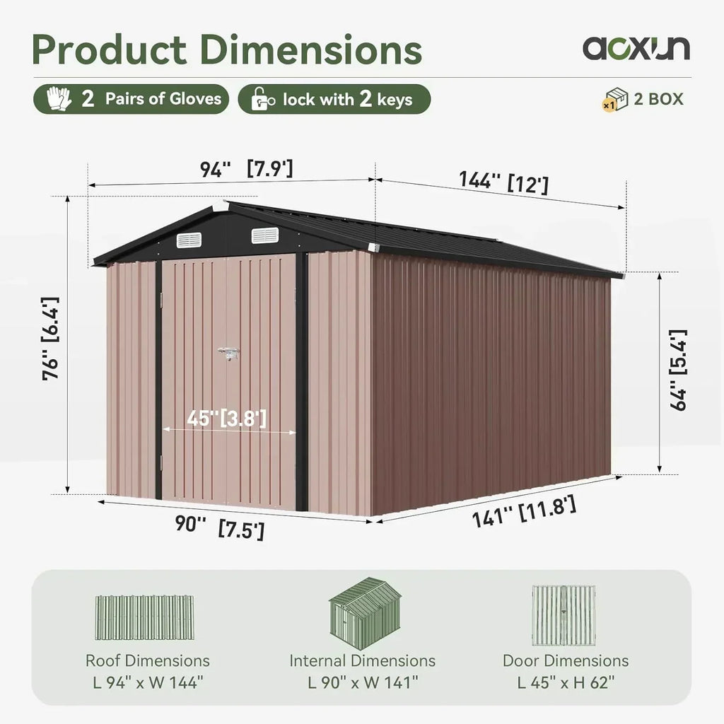 Aoxun 12x10 FT Shed Metal Outdoor Waterproof Storage Shed Steel Utility Garden Tool Shed wourant