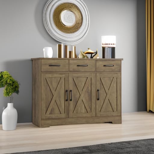 Modern farmhouse sideboard, barn door buffet storage cabinet with drawers and shelves, wooden coffee bar with storage wourant