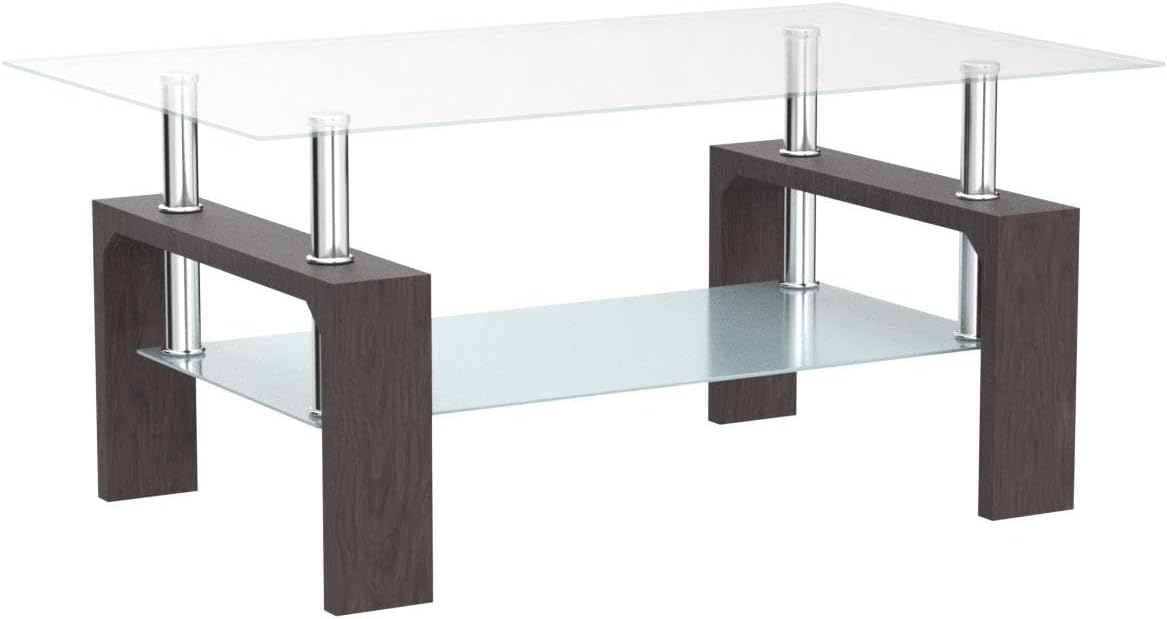 Living Room Rectangle Coffee Table, Tea Table Suitable for Waiting Room, Modern Side Coffee Table with Wooden Leg, Glass Tabletop wourant