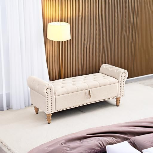 Furniliving Modern Storage Ottoman Bench, Sherpa Ottoman End of Bed Bench with Solid Wood Legs Upholstered Ottoman Benches with Storage Indoor Bench wourant