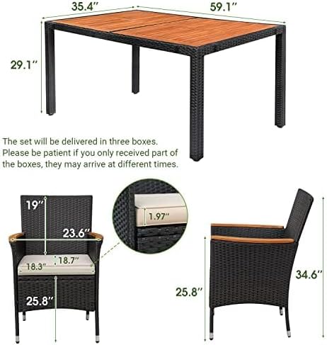 Devoko Dining 7 PCS Furniture, Patio Conversation Set with Acacia Wood Table Top, Rattan Outdoor, Black wourant