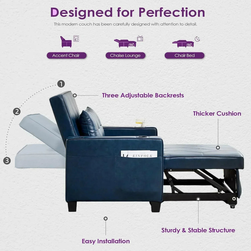 Adult Convertible Sleeper Chair Bed 3-in-1 Pull-Out Sofa Bed with USB/Type-C Ports Cup Holders wourant