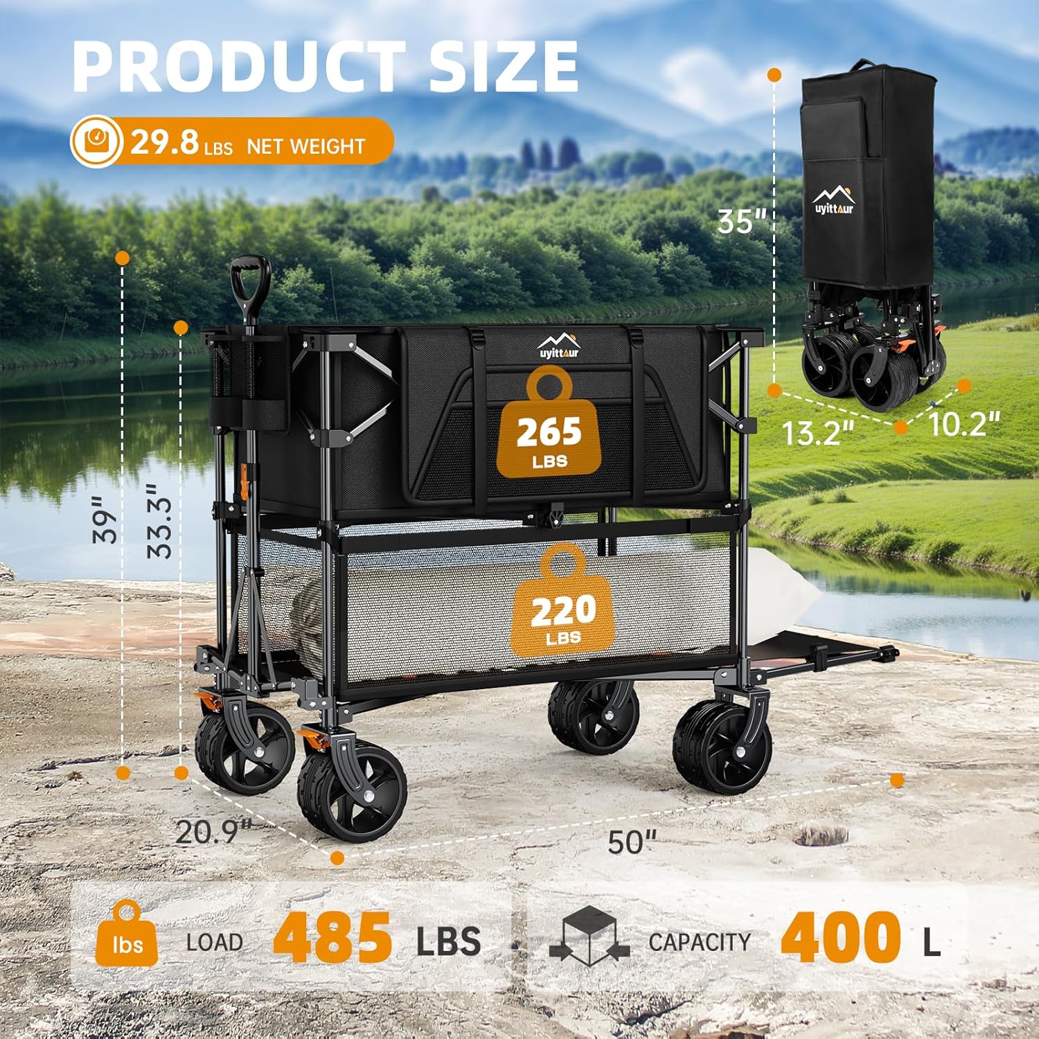 Foldable 50''L Extra Long Double Decker Wagon for Sport 400L Collapsible Heavy Duty Wagon Cart wourant