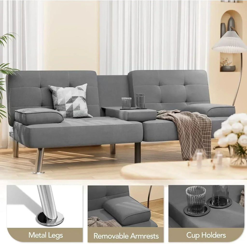 Shahoo Modern Linen Upholstered Convertible Folding Futon Sofa Bed with Removable Armrests wourant