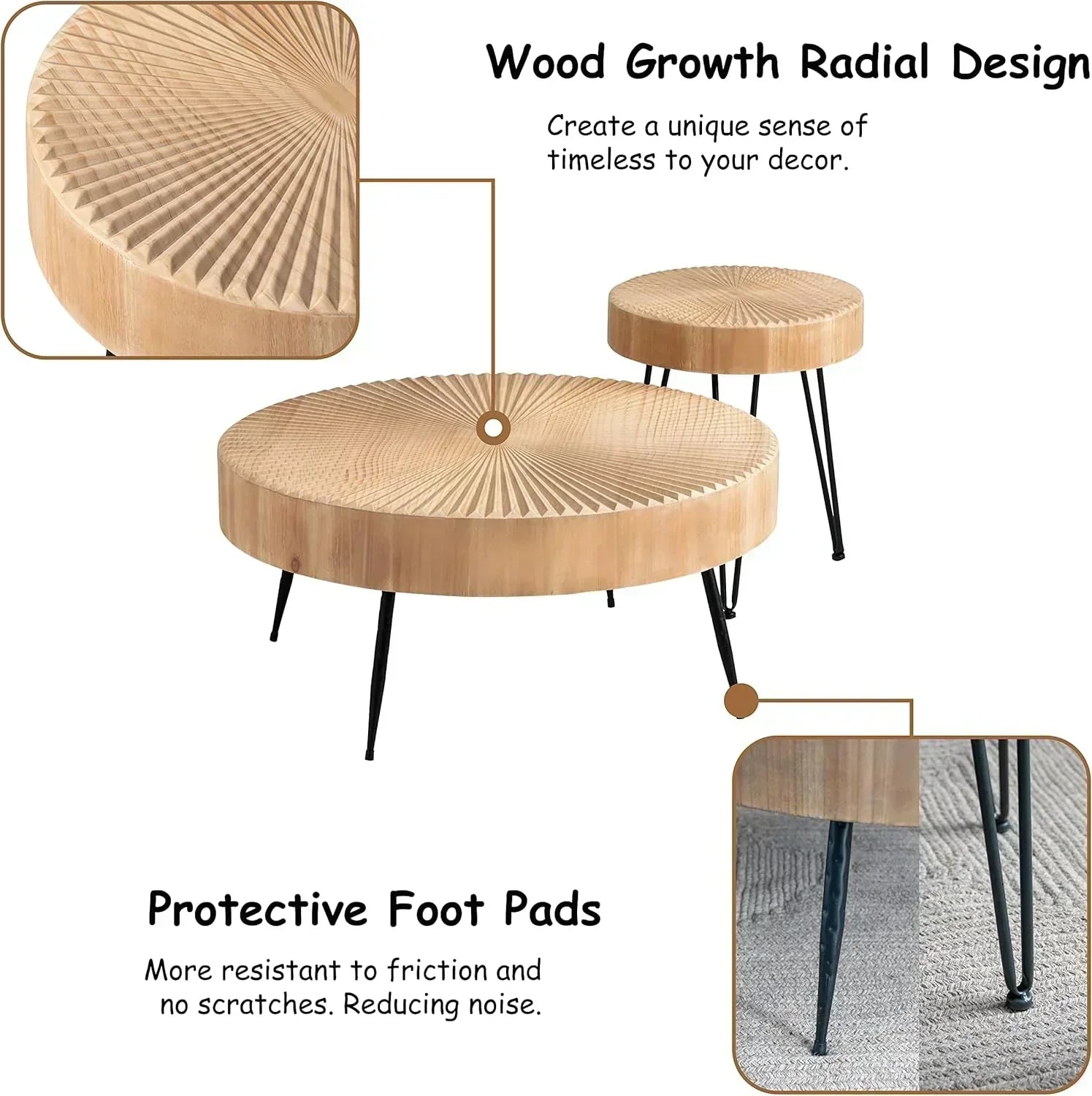 Two-Piece Modern Farmhouse Living Room Coffee Table Set Round Nesting Tables wourant