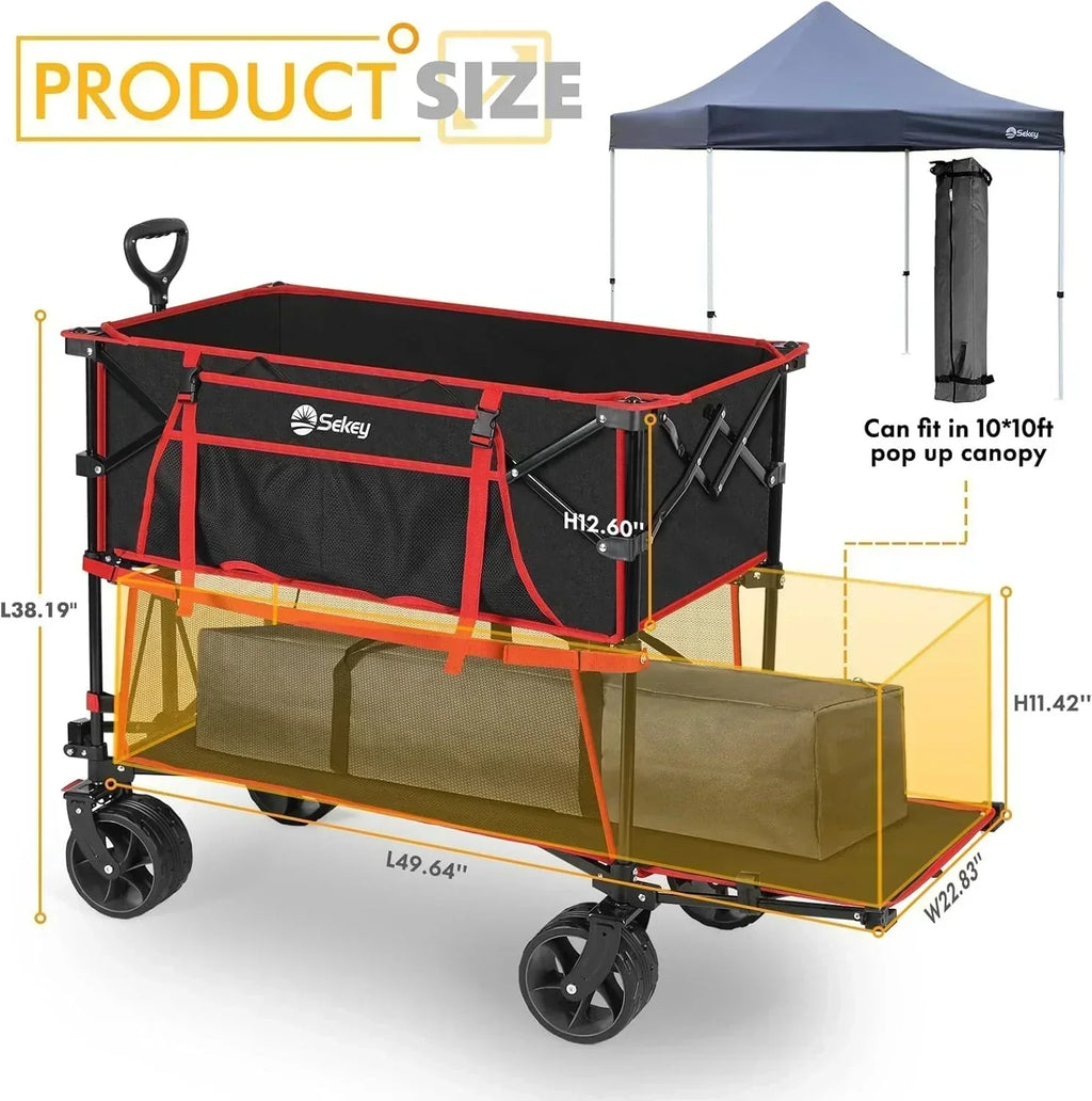 400L Large Capacity Folding Double Decker Wagon with Brakes 50" Extra Long Extender Cart wourant