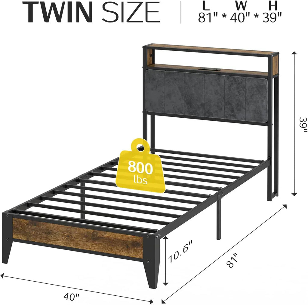 OLEVS Single Bed Frame LED Light Storage Headboard Type C Charging Station Metal Platform Bed wourant