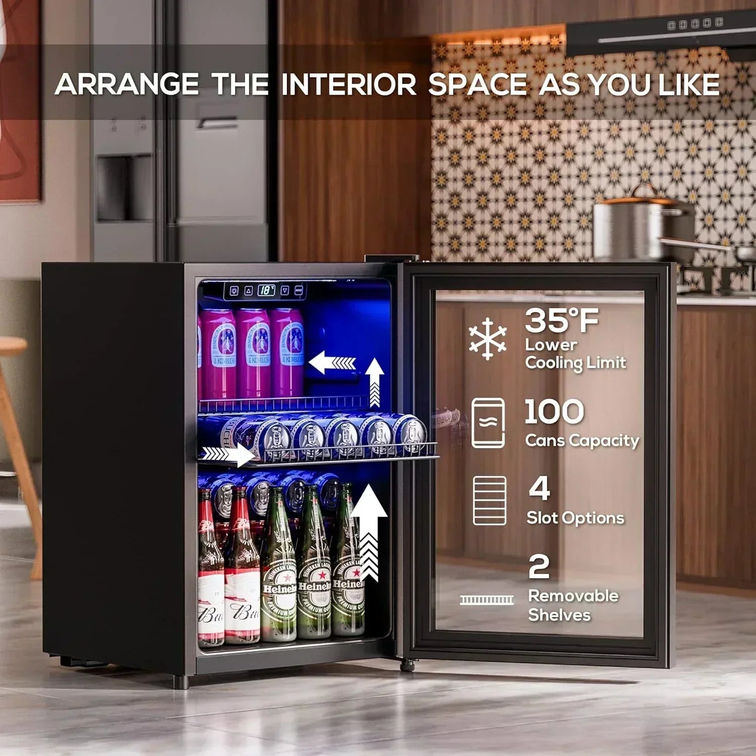 Beverage Refrigerator Cooler-120 Cans Freestanding Mini Fridge Cooler with Glass Door wourant