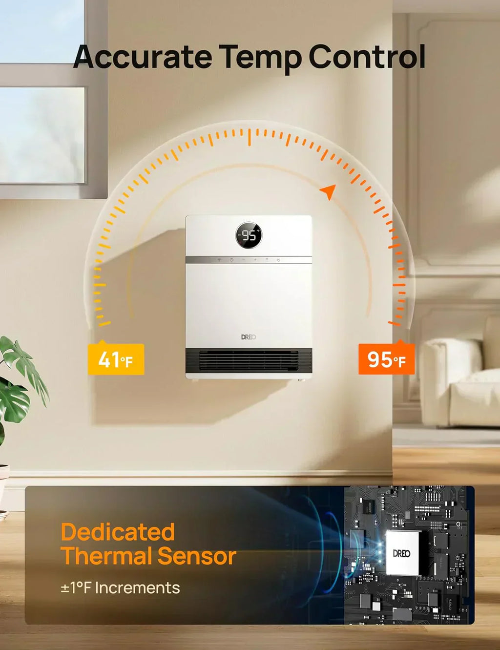Smart wall-mounted heater for indoor use with adjustable thermostat and remote control wourant