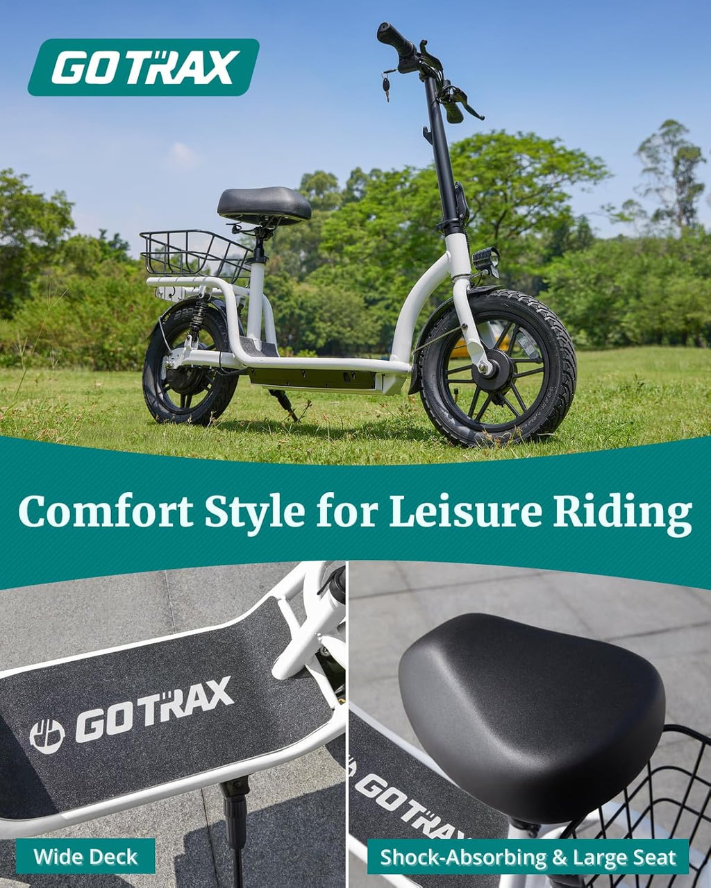 Gotrax adult electric scooter with seat maximum range of 19-25 miles all-terrain tires wide pedals wourant