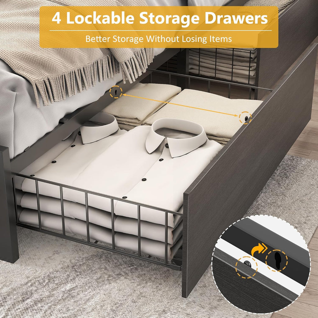 Lifezone Queen Bed Frame 2-Tier Storage Headboard Metal Platform Bed Frame 4 Storage Drawers wourant