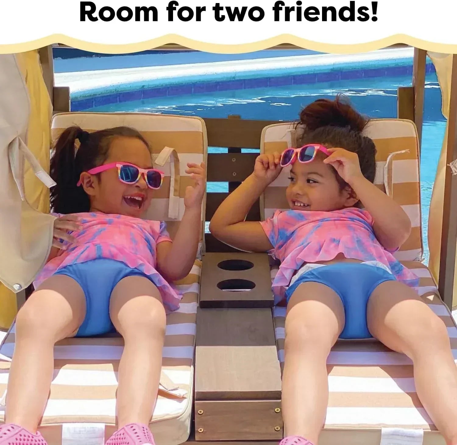 KidKraft Wooden Outdoor Double Chaise Lounge with Cup Holders Kids Patio Furniture Honey wourant