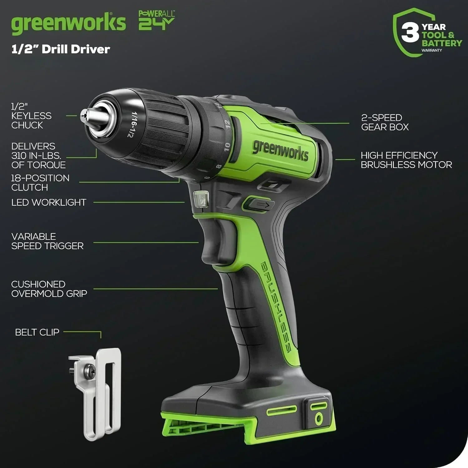 24V Brushless Cordless Drill Impact Driver Power Tool Combo Kit Included 1/2”Drill & 1/4”Hex wourant