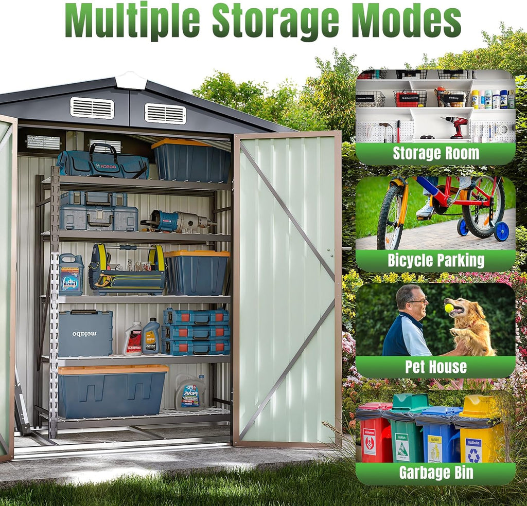 Aoxun 6.2x4 FT Shed Outdoor Storage Shed Metal Garden Shed Sloping Roof Tool Shed Bike Shed wourant